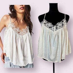 Free People Cream Lace Trim Tank Top